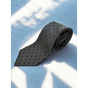 Yves Saint Laurent Silk Tie Vintage Geometric Medallion Gray Blue Made in USA